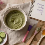Masque pour le visage maison à l’argile verte sur table en bois