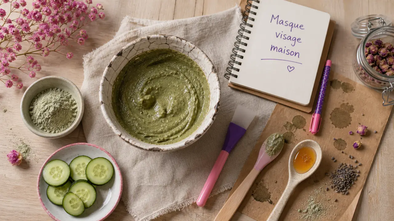 Masque pour le visage maison à l’argile verte sur table en bois