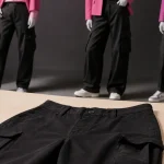 Pantalon cargo femme noir taille haute coupe droite, vue éditoriale