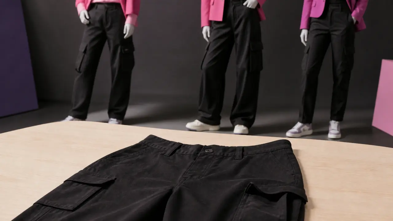 Pantalon cargo femme noir taille haute coupe droite, vue éditoriale