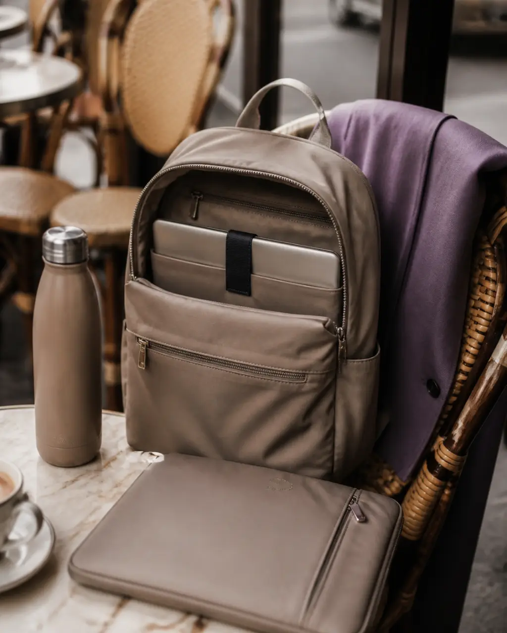 Sac à dos femme sport chic taupe/beige dans un café, compartiment ordinateur