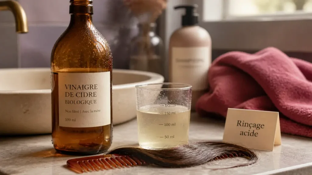 Vinaigre de cidre sur les cheveux : brillance, pellicules et dilution sans irritation