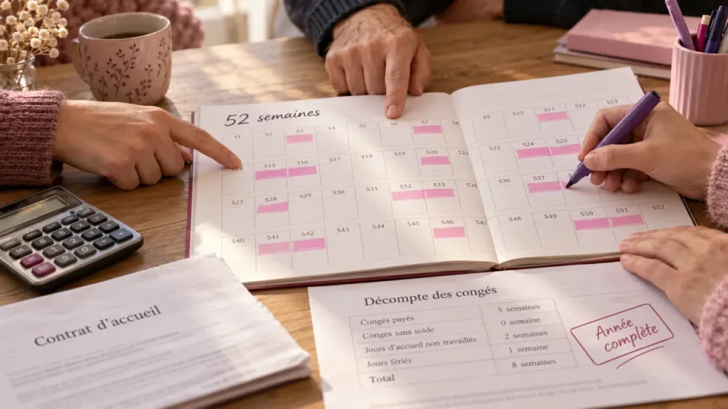 Année complète pour une assistante maternelle : calcul, congés et déclaration