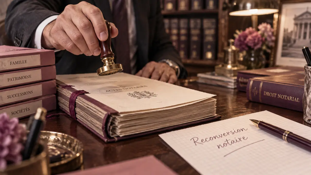 Devenir notaire à 40 ans : tampon notarial sur documents de reconversion