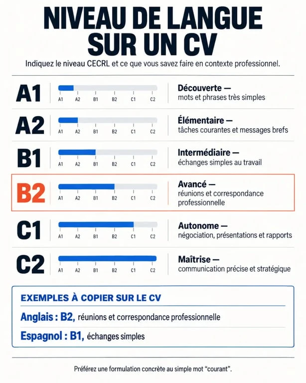 Infographie sur le niveau de langue CV et la correspondance entre les niveaux CECRL A1 à C2
