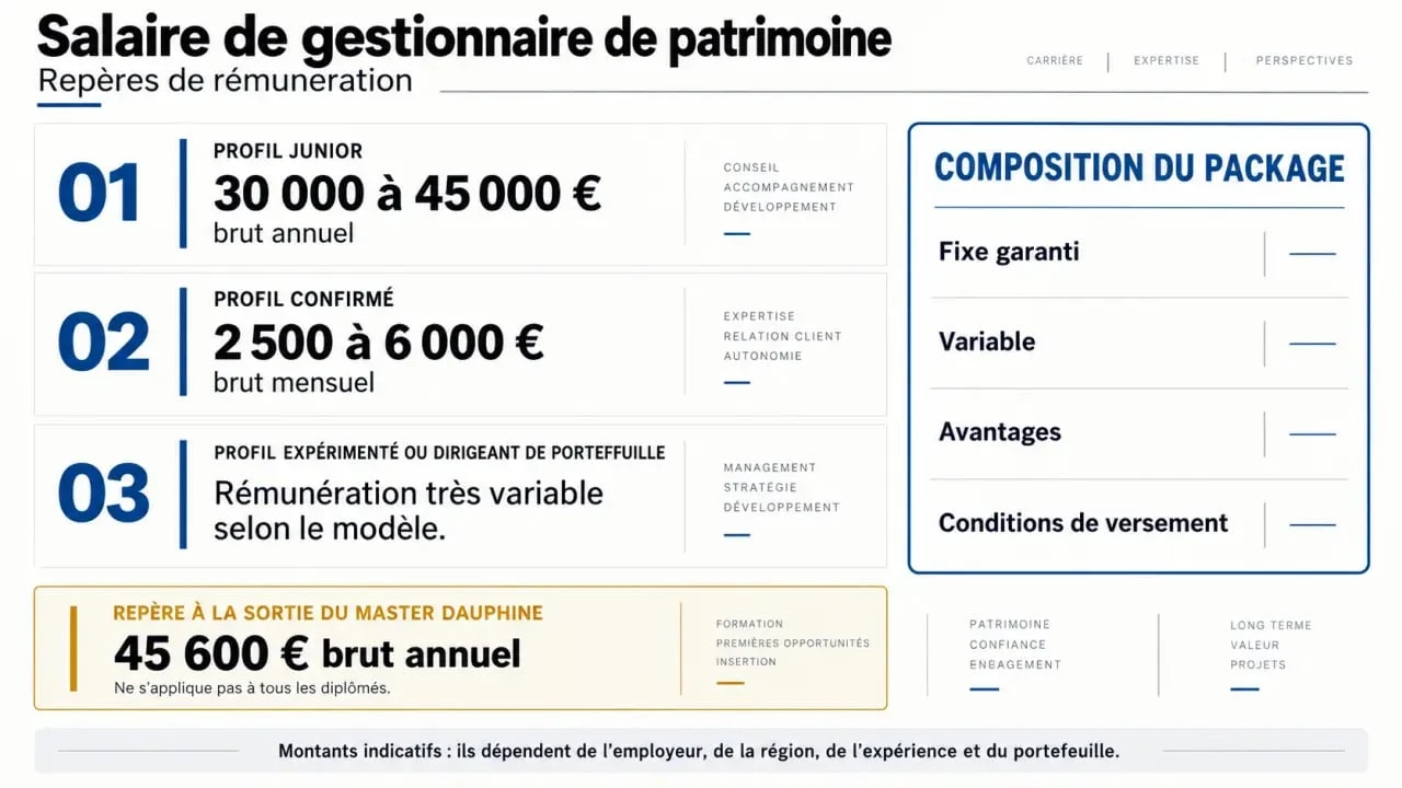 Infographie sur le salaire de gestionnaire de patrimoine selon l’expérience et la part variable