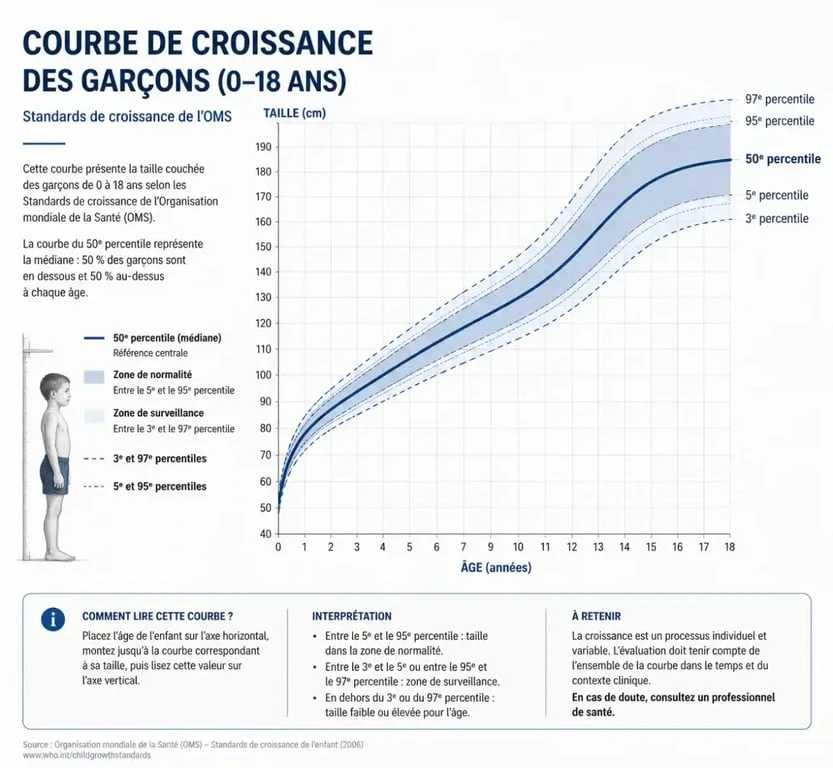 Courbe de croissance et taille moyenne garçon 18 ans selon les percentiles de l'OMS
