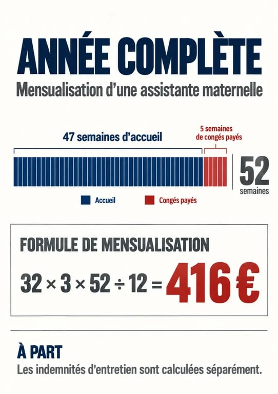 Année complète assistante maternelle : graphique comparatif des 52 semaines et du calcul de mensualisation