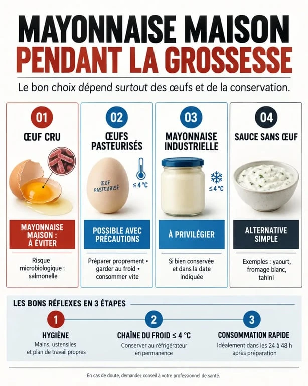 Mayonnaise maison enceinte : comparaison des options avec œuf cru, œufs pasteurisés, industrielle et sans œuf