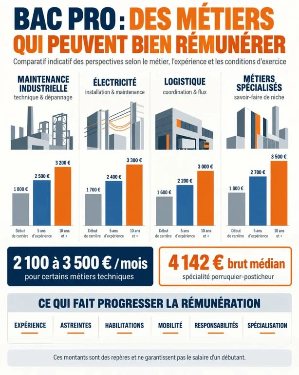 Comparatif visuel des métiers bac pro qui gagnent bien, des salaires et des facteurs d’évolution