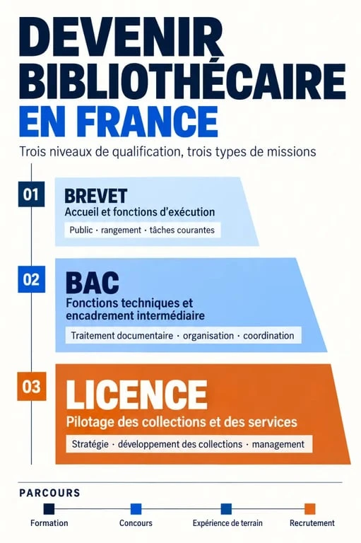 Infographie des parcours et concours pour devenir bibliothécaire selon le niveau de diplôme