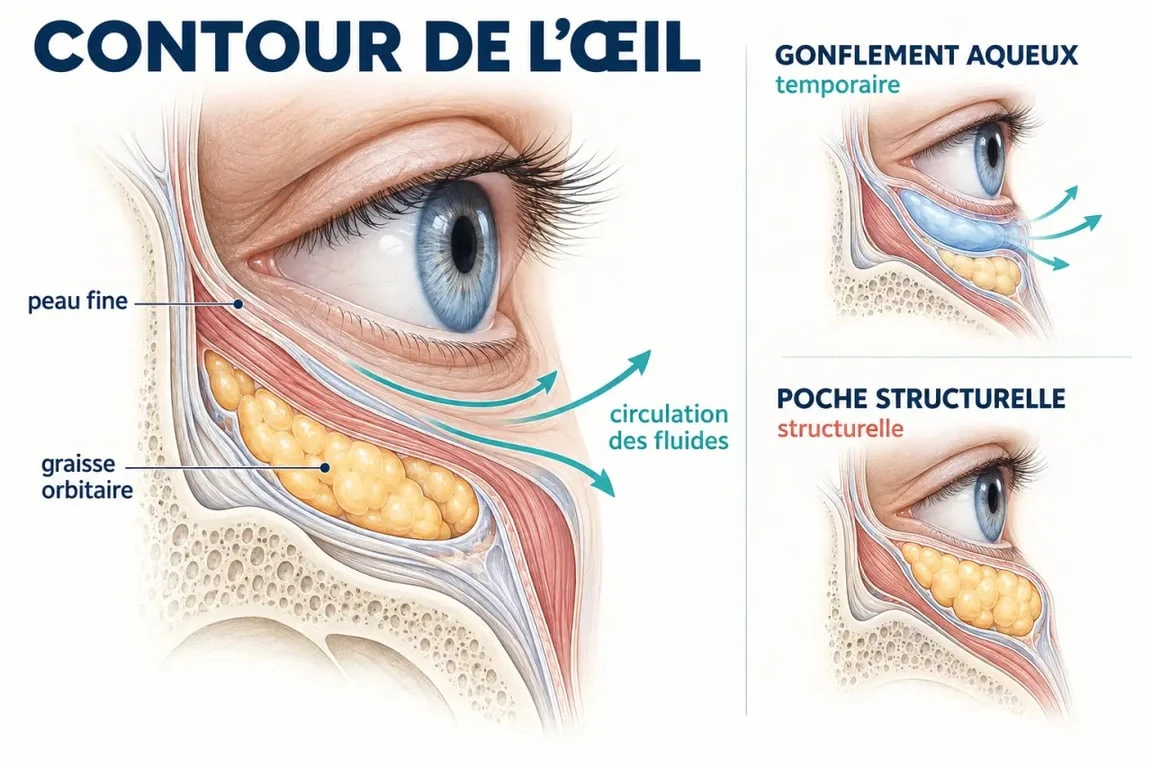 Schéma expliquant comment enlever les poches sous les yeux et distinguer gonflement aqueux et poche graisseuse