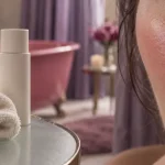 Rougeur visage : gros plan joues rosées femme en salle de bain