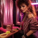 Tenue année 80 femme : jambières fluo et bandeau néon, photo mode années 80