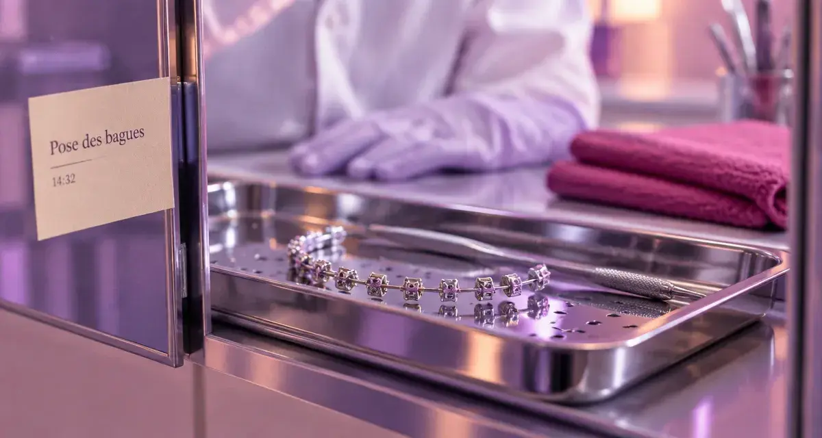 Bague aux dents : appareil orthodontique fixe sur plateau inox