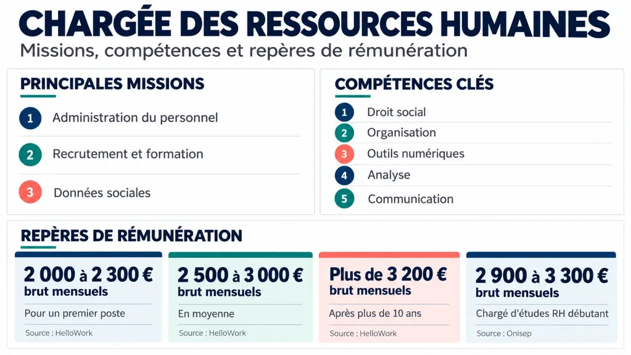 Infographie sur le métier de chargée ressources humaines, ses missions, compétences et repères de salaire