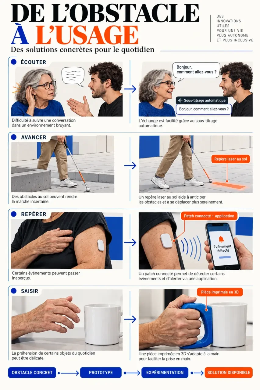 Infographie sur l’innovation au quotidien et le passage d’un obstacle concret à une solution accessible